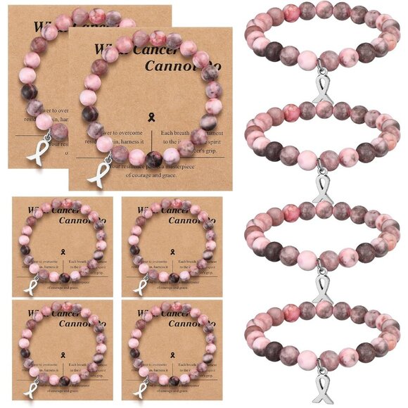 6 Pcs Pink Beaded Breast Cancer Awareness Bracelets Natural Stone Gifts - Picture 1 of 6